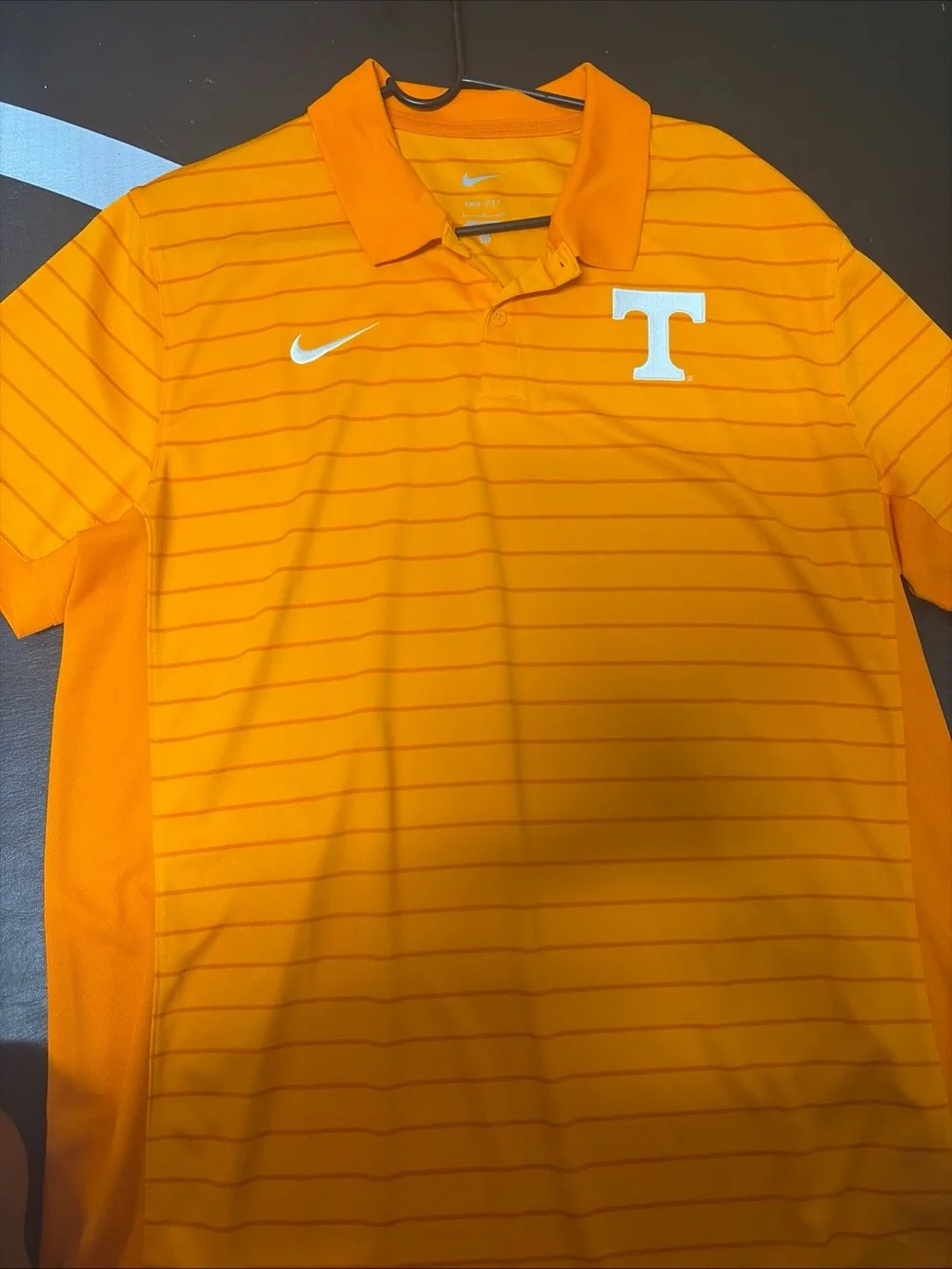 Nike Men's Orange Striped Polo with White 'T' Logo